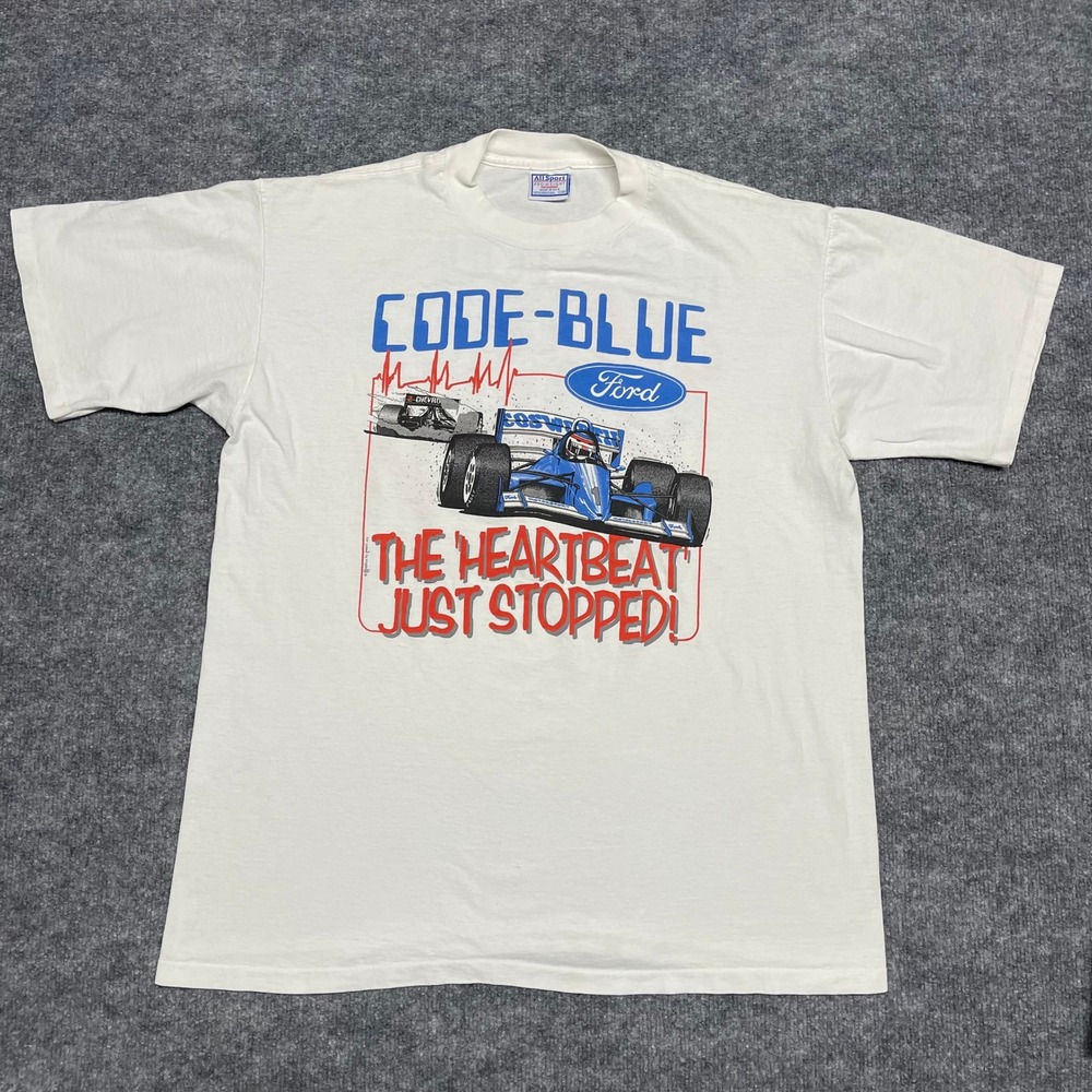 VTG 1992 Ford Code Blue Heartbeat Shirt Mens XL White All Sport Made in‎ USA